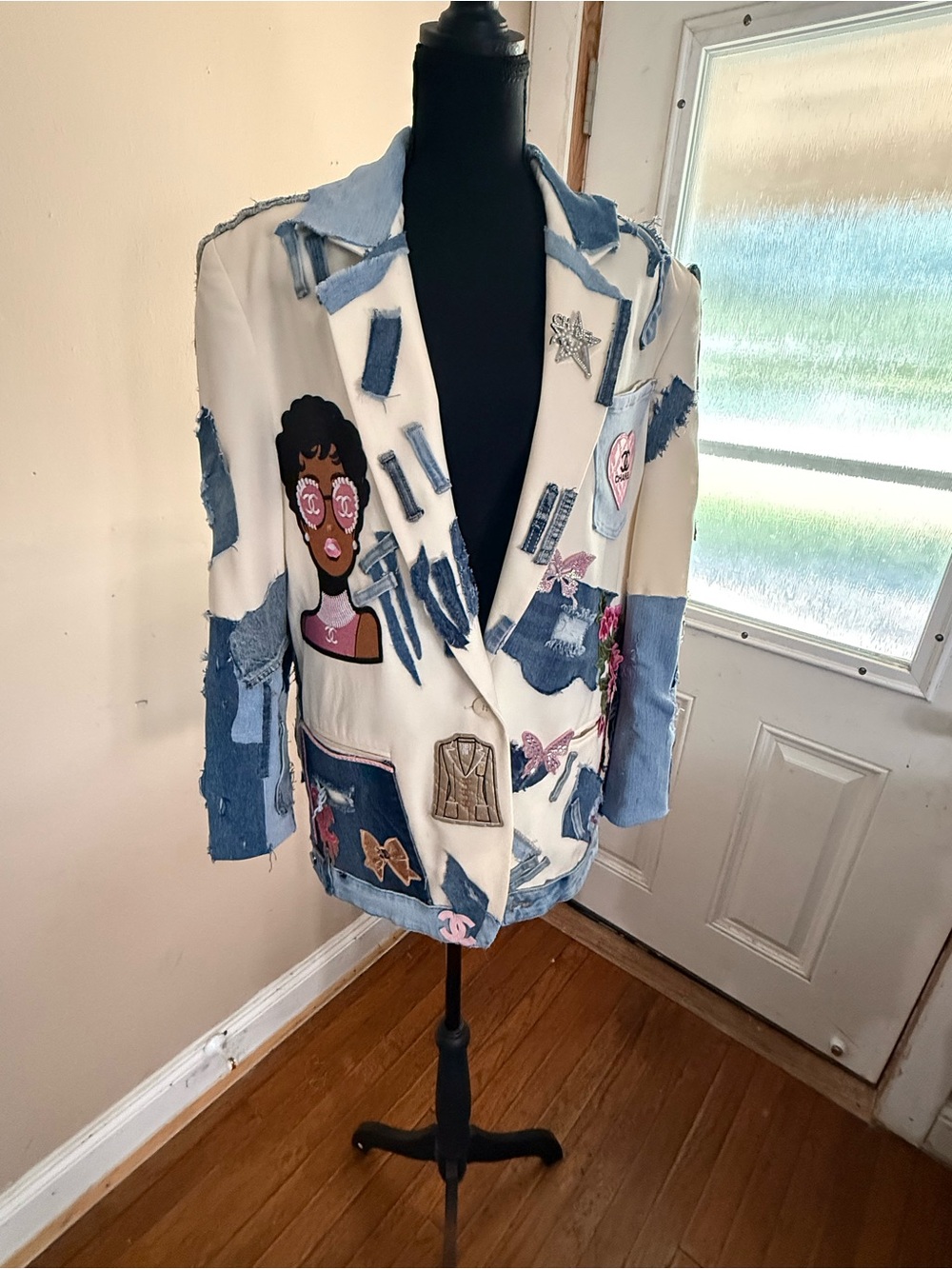 White & Blue Patchwork Embellished Blazer